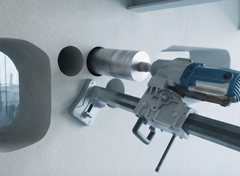 Core bit extracting a concrete cylinder from a wall