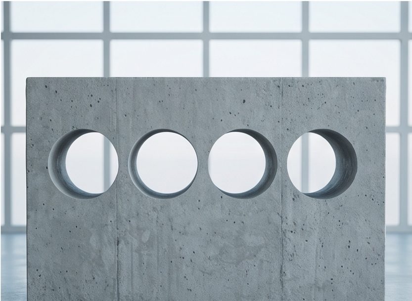 Concrete slab with four clean core-cut holes